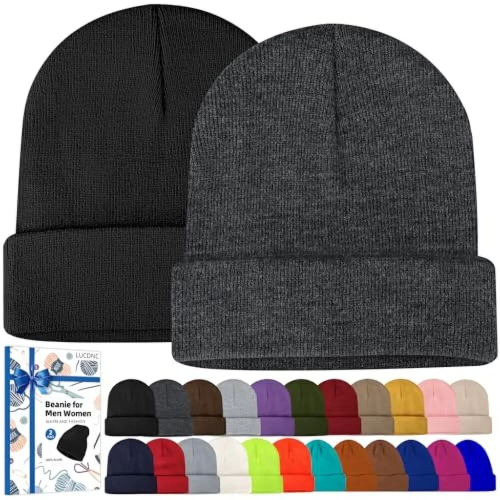 Unisex Knit Skullies Beanies 2 Pack Warm Soft Stretchy Winter Caps